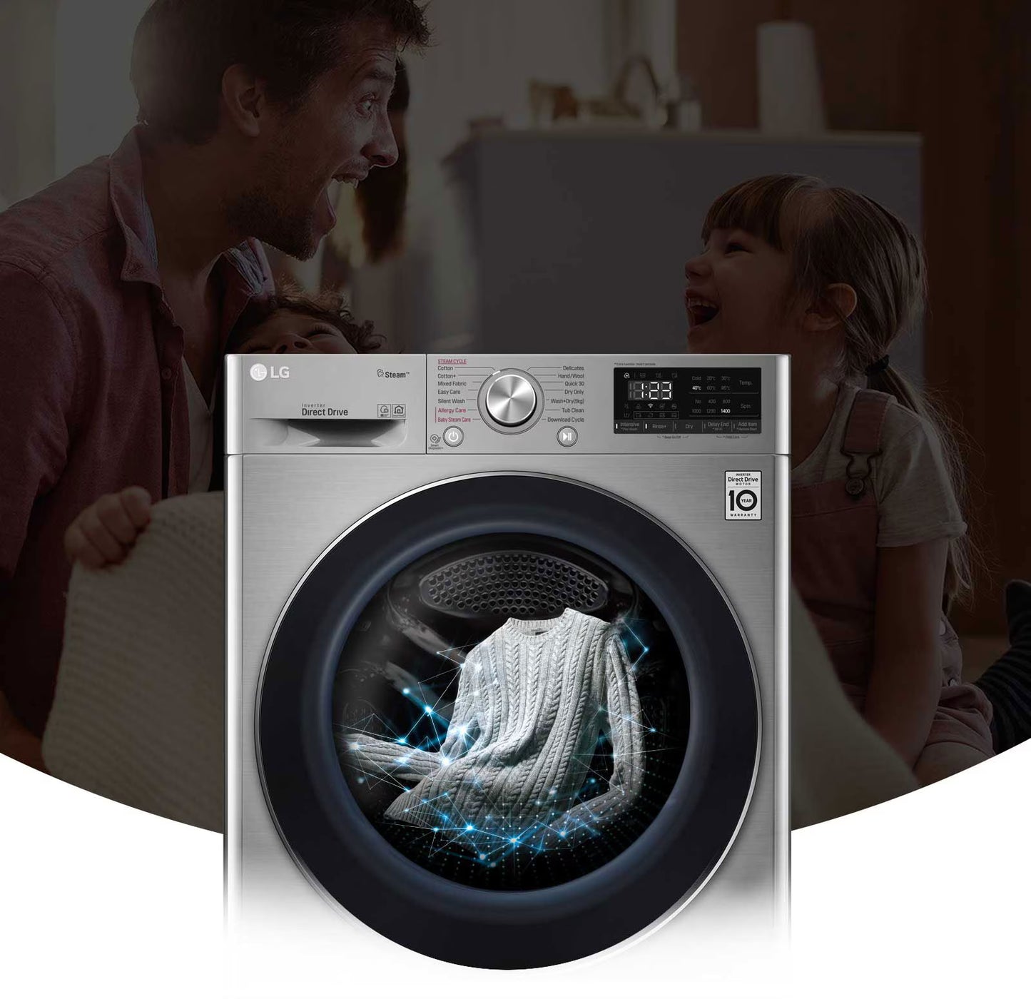 24Kg Front load washing machine, Stainless Steel colour, Steam™, ), 6 Motion DD Motor, ThinQ™